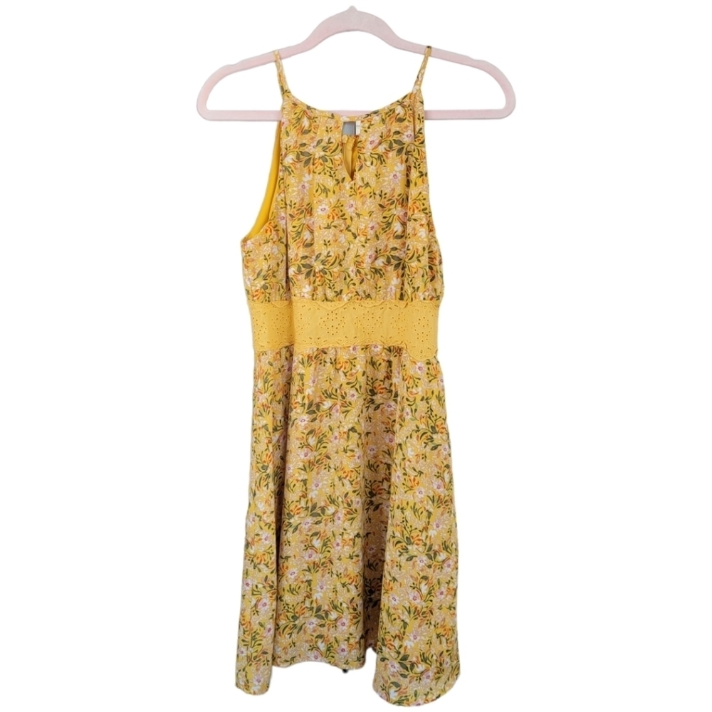 Miami Floral Eyelet Waist Sundress Boho Fairycore Y2K Fit & Flare Gold Mini S